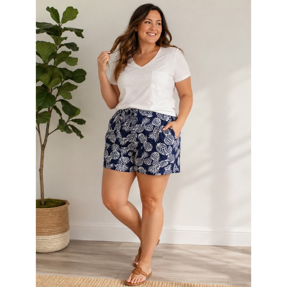 St John's Bay Womens Pull On Shorts XXL Navy Pineapple Linen Rayon Paperbag